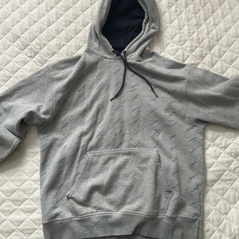 Champion Gray Hoodie with Navy Accents